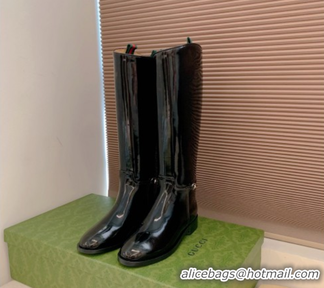 Luxury Gucci Shiny Leather Flat High Boots with Slim Horsebit Black 2025 805312