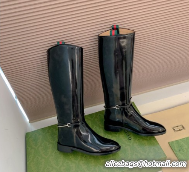 Luxury Gucci Shiny Leather Flat High Boots with Slim Horsebit Black 2025 805312