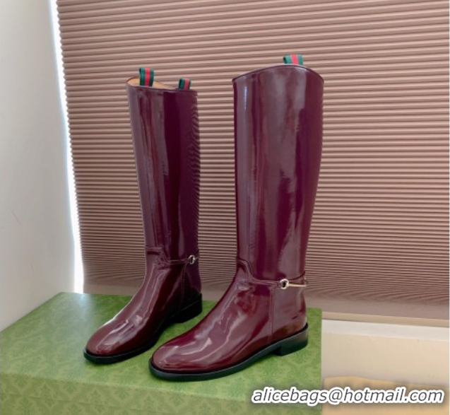 Crafted Gucci Shiny Leather Flat High Boots with Slim Horsebit Bordeaux Red 2025 805312