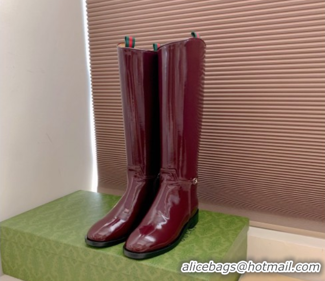 Crafted Gucci Shiny Leather Flat High Boots with Slim Horsebit Bordeaux Red 2025 805312