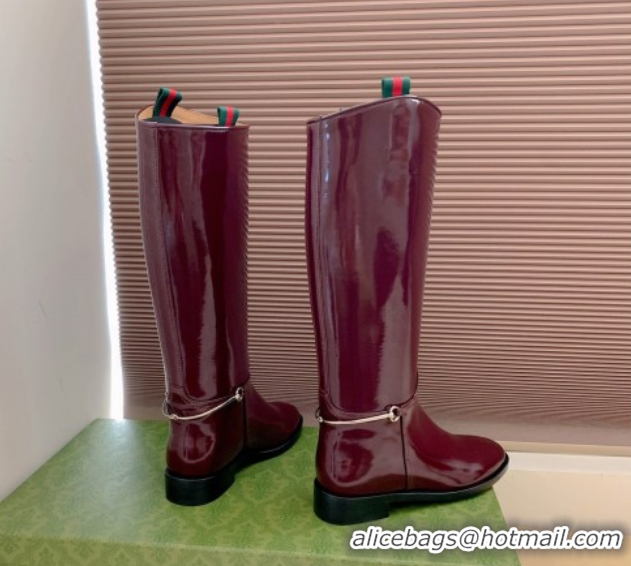 Crafted Gucci Shiny Leather Flat High Boots with Slim Horsebit Bordeaux Red 2025 805312