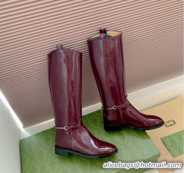 Crafted Gucci Shiny Leather Flat High Boots with Slim Horsebit Bordeaux Red 2025 805312
