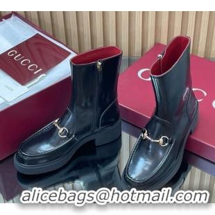 Most Popular Gucci Shiny Leather Heel Ankle Boots 4.5cm with Horsebit Black 2025 798724
