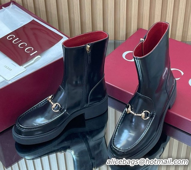 Most Popular Gucci Shiny Leather Heel Ankle Boots 4.5cm with Horsebit Black 2025 798724