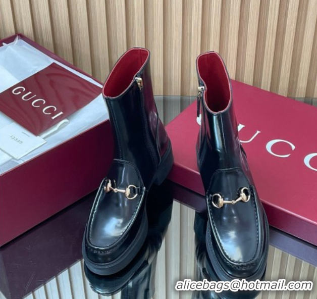 Most Popular Gucci Shiny Leather Heel Ankle Boots 4.5cm with Horsebit Black 2025 798724
