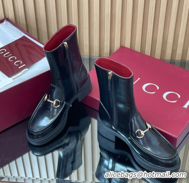 Most Popular Gucci Shiny Leather Heel Ankle Boots 4.5cm with Horsebit Black 2025 798724