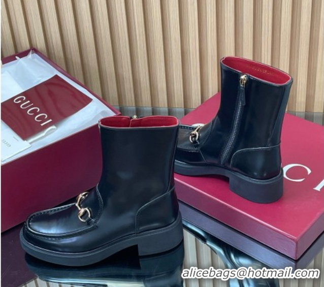 Most Popular Gucci Shiny Leather Heel Ankle Boots 4.5cm with Horsebit Black 2025 798724