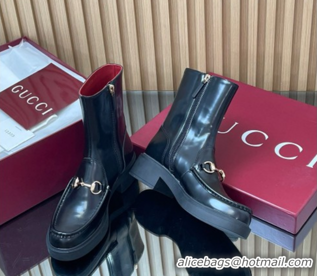 Most Popular Gucci Shiny Leather Heel Ankle Boots 4.5cm with Horsebit Black 2025 798724