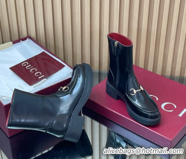 Most Popular Gucci Shiny Leather Heel Ankle Boots 4.5cm with Horsebit Black 2025 798724