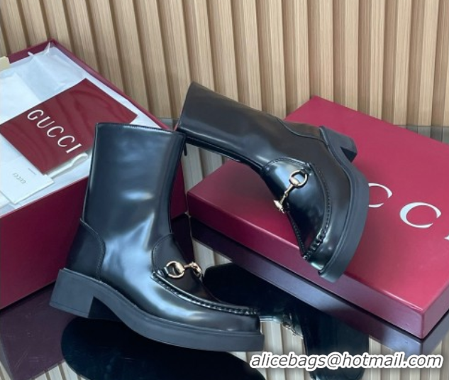 Most Popular Gucci Shiny Leather Heel Ankle Boots 4.5cm with Horsebit Black 2025 798724