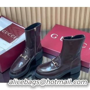 Luxurious Gucci Shiny Leather Heel Ankle Boots 4.5cm with Horsebit Brown 2025 798724