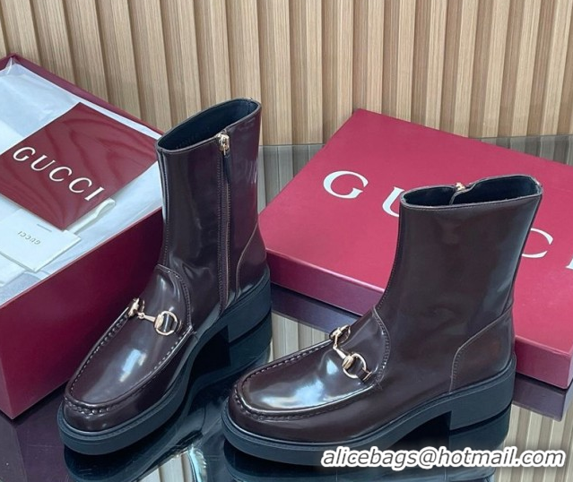 Luxurious Gucci Shiny Leather Heel Ankle Boots 4.5cm with Horsebit Brown 2025 798724