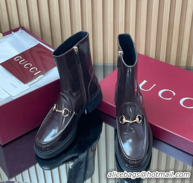 Luxurious Gucci Shiny Leather Heel Ankle Boots 4.5cm with Horsebit Brown 2025 798724