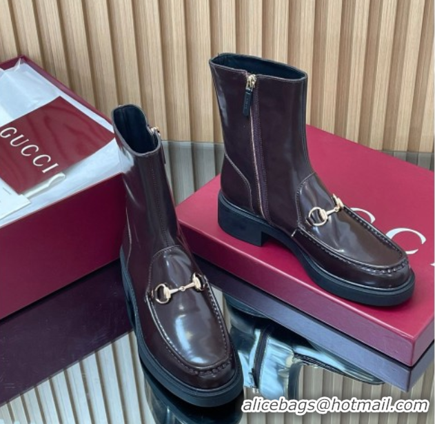 Luxurious Gucci Shiny Leather Heel Ankle Boots 4.5cm with Horsebit Brown 2025 798724