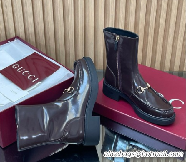 Luxurious Gucci Shiny Leather Heel Ankle Boots 4.5cm with Horsebit Brown 2025 798724