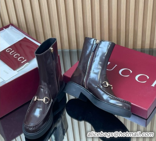Luxurious Gucci Shiny Leather Heel Ankle Boots 4.5cm with Horsebit Brown 2025 798724