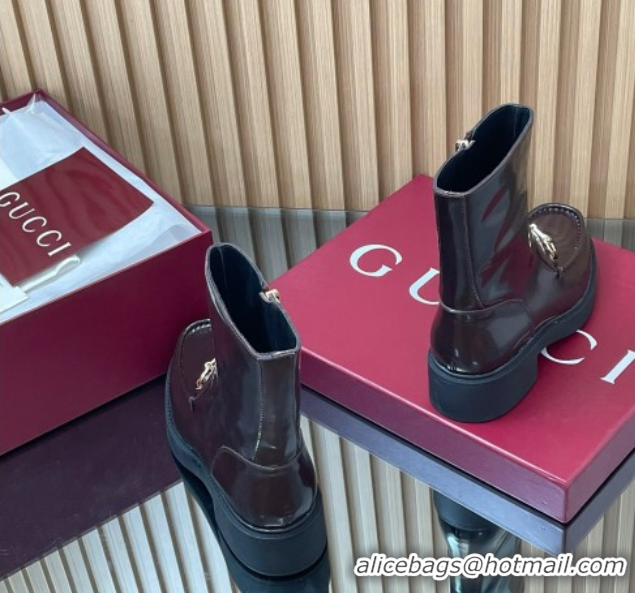 Luxurious Gucci Shiny Leather Heel Ankle Boots 4.5cm with Horsebit Brown 2025 798724