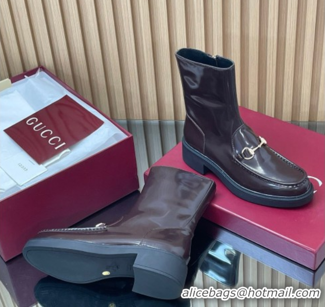 Luxurious Gucci Shiny Leather Heel Ankle Boots 4.5cm with Horsebit Brown 2025 798724