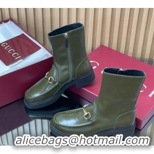 Top Design Gucci Shiny Leather Heel Ankle Boots 4.5cm with Horsebit Green 798724