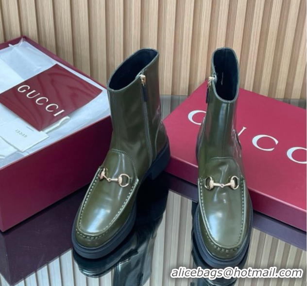 Top Design Gucci Shiny Leather Heel Ankle Boots 4.5cm with Horsebit Green 798724