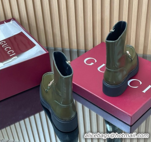 Top Design Gucci Shiny Leather Heel Ankle Boots 4.5cm with Horsebit Green 798724