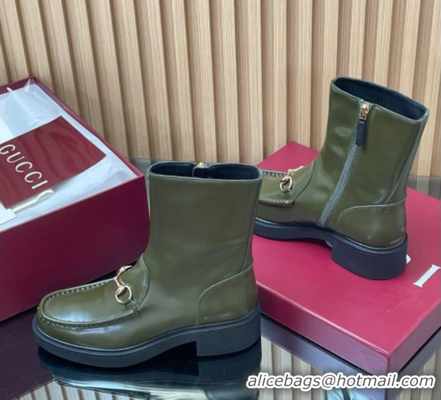Top Design Gucci Shiny Leather Heel Ankle Boots 4.5cm with Horsebit Green 798724