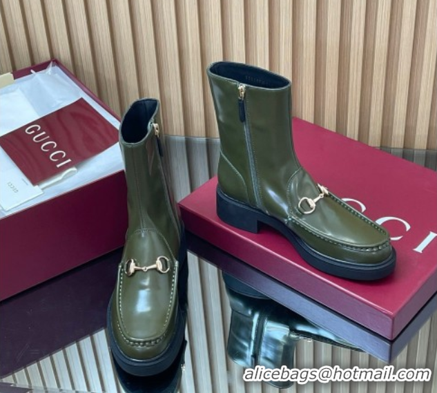 Top Design Gucci Shiny Leather Heel Ankle Boots 4.5cm with Horsebit Green 798724