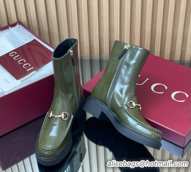 Top Design Gucci Shiny Leather Heel Ankle Boots 4.5cm with Horsebit Green 798724