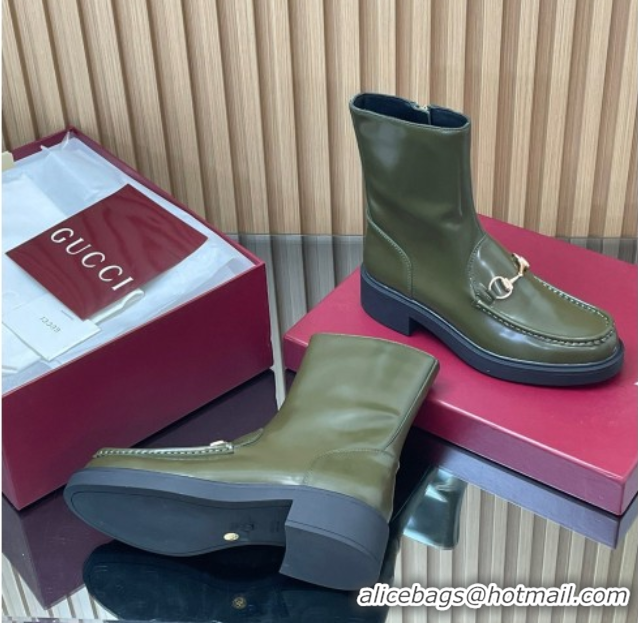 Top Design Gucci Shiny Leather Heel Ankle Boots 4.5cm with Horsebit Green 798724