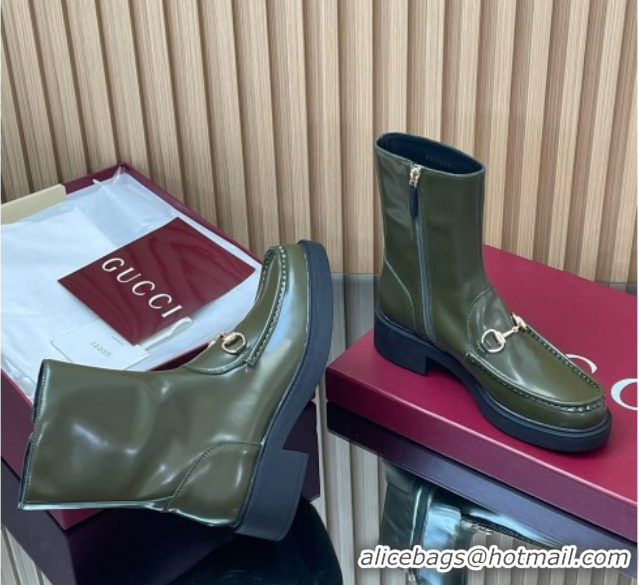 Top Design Gucci Shiny Leather Heel Ankle Boots 4.5cm with Horsebit Green 798724