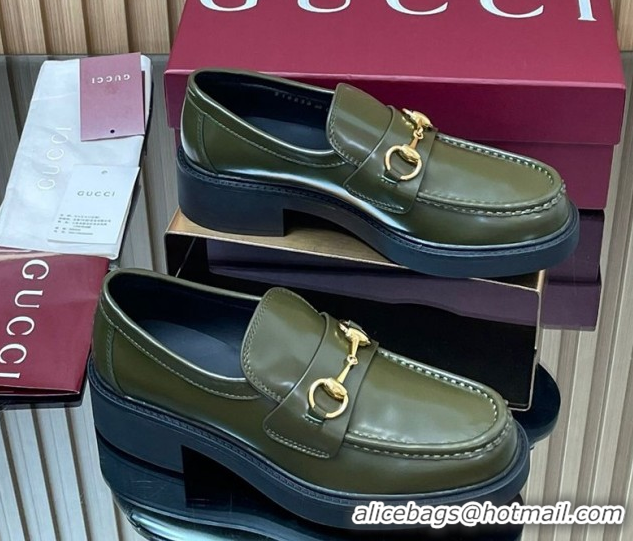 Refined Gucci Shiny Leather Loafers 4.5cm with Horsebit Green 2025 840725