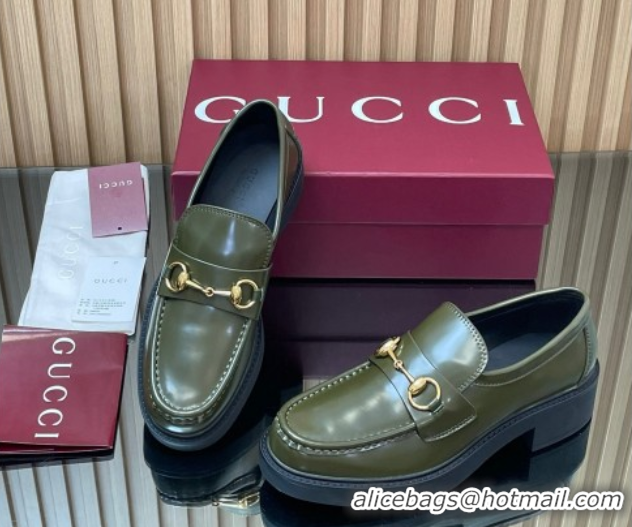 Refined Gucci Shiny Leather Loafers 4.5cm with Horsebit Green 2025 840725