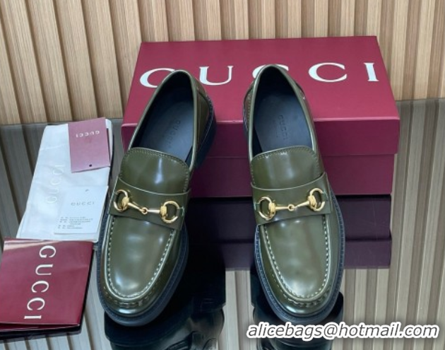 Refined Gucci Shiny Leather Loafers 4.5cm with Horsebit Green 2025 840725