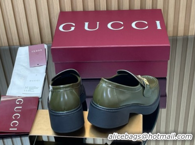 Refined Gucci Shiny Leather Loafers 4.5cm with Horsebit Green 2025 840725