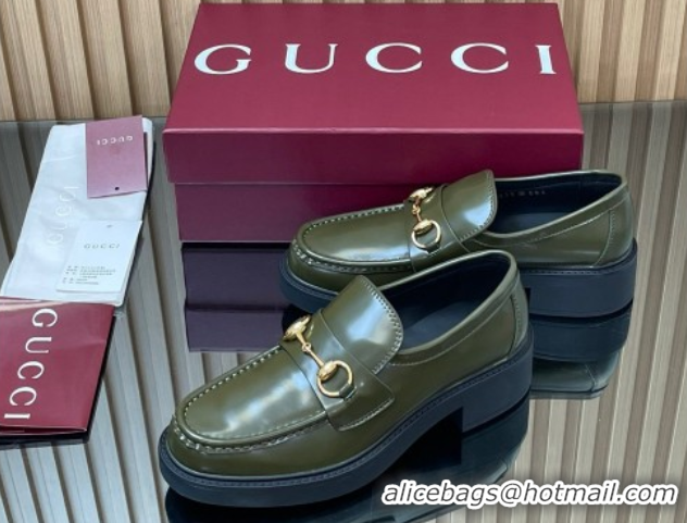 Refined Gucci Shiny Leather Loafers 4.5cm with Horsebit Green 2025 840725