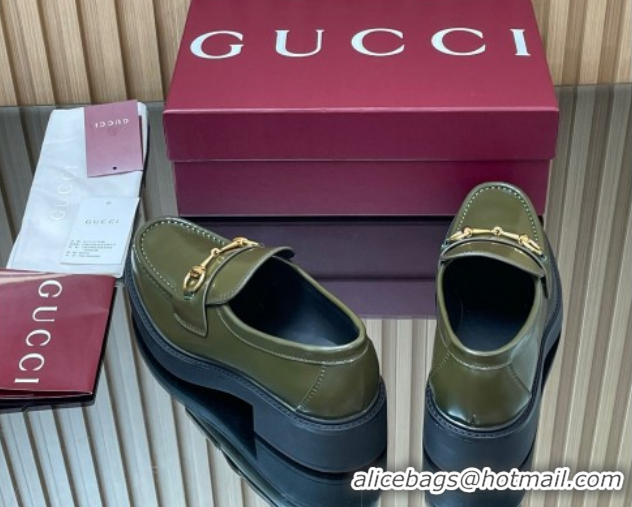 Refined Gucci Shiny Leather Loafers 4.5cm with Horsebit Green 2025 840725