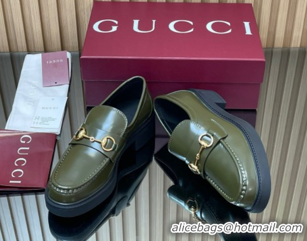 Refined Gucci Shiny Leather Loafers 4.5cm with Horsebit Green 2025 840725