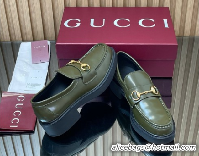 Refined Gucci Shiny Leather Loafers 4.5cm with Horsebit Green 2025 840725