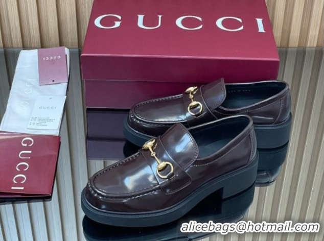 Good Product Gucci Shiny Leather Loafers 4.5cm with Horsebit Brown 2025 840725