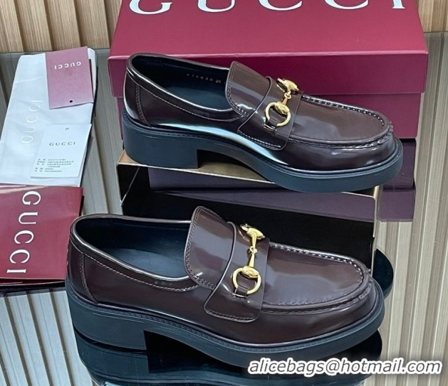 Good Product Gucci Shiny Leather Loafers 4.5cm with Horsebit Brown 2025 840725