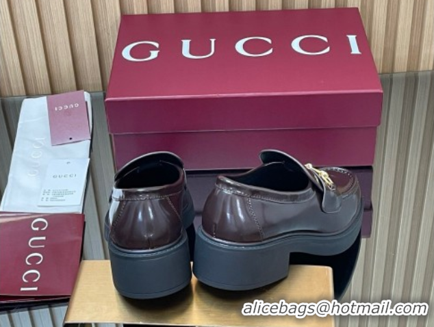 Good Product Gucci Shiny Leather Loafers 4.5cm with Horsebit Brown 2025 840725