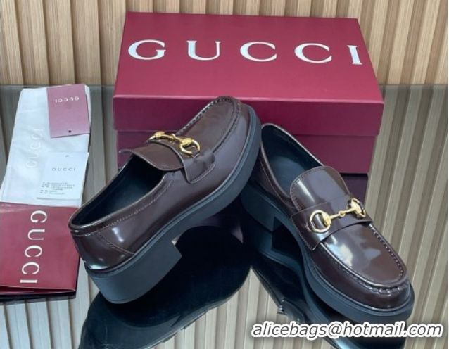 Good Product Gucci Shiny Leather Loafers 4.5cm with Horsebit Brown 2025 840725