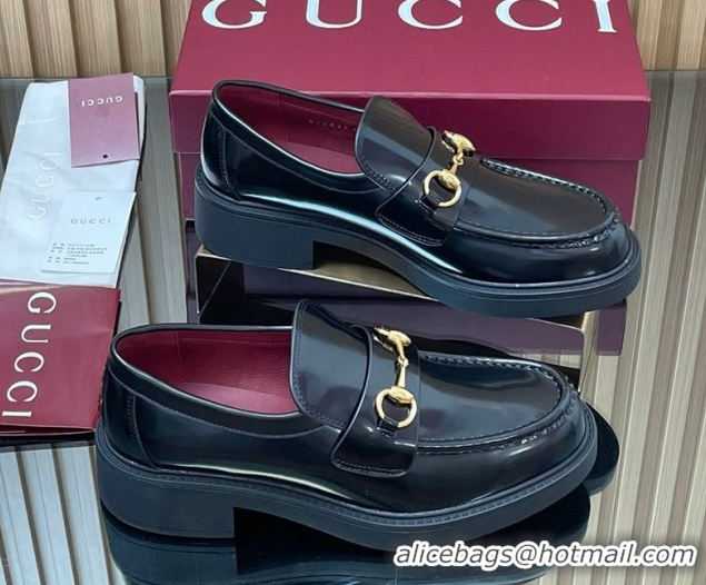 Good Looking Gucci Shiny Leather Loafers 4.5cm with Horsebit Black 2025 840725