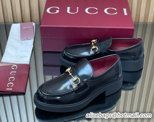 Good Looking Gucci Shiny Leather Loafers 4.5cm with Horsebit Black 2025 840725