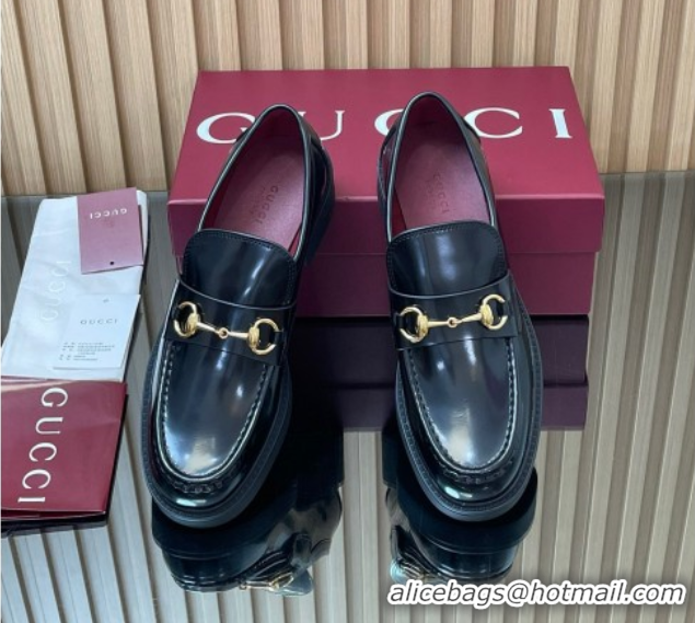Good Looking Gucci Shiny Leather Loafers 4.5cm with Horsebit Black 2025 840725