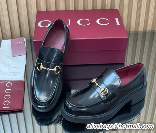 Good Looking Gucci Shiny Leather Loafers 4.5cm with Horsebit Black 2025 840725