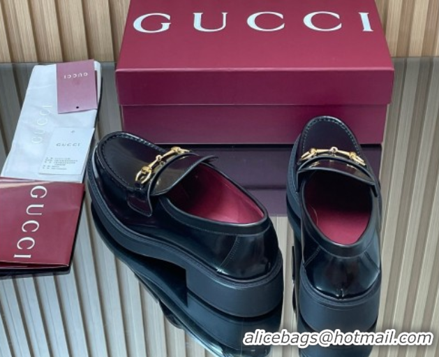 Good Looking Gucci Shiny Leather Loafers 4.5cm with Horsebit Black 2025 840725