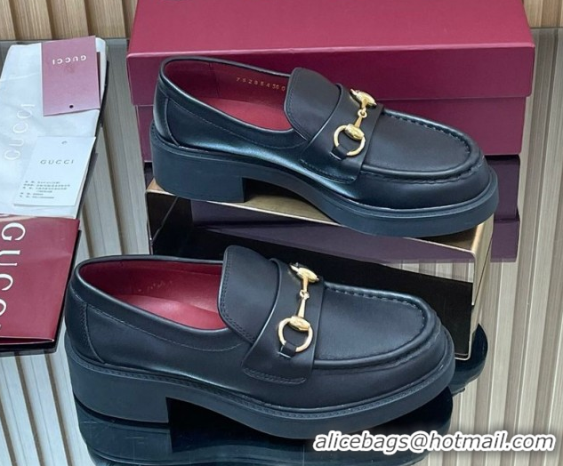 Comfortable Gucci Calf Leather Loafers 4.5cm with Horsebit Black 2025 840725