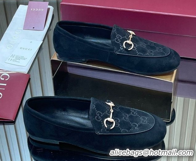 Leisure Gucci Jordaan GG Upper Suede Flat Loafers with Horsebit Black 2025 840725