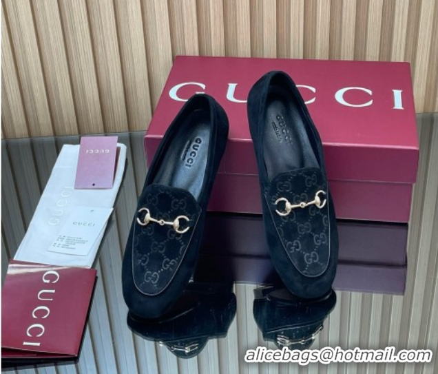 Leisure Gucci Jordaan GG Upper Suede Flat Loafers with Horsebit Black 2025 840725